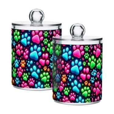 Imagem de Qilmy Neon Paw Prints Suporte Qtip pacote com 2, frascos de boticário de 400 ml, vasilha organizadora de banheiro para cotonetes, bolas de algodão, almofadas de maquiagem, fio dental, sais de banho