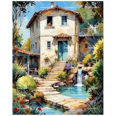 Imagem de Kit de pintura por números de jardim Villa para adultos - Casa mediterrânea faça você mesmo com pintura de piscina e cachoeira em tela 40,6 x 50,8 cm, conjunto de tinta acrílica para iniciantes, arte