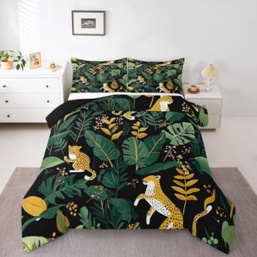 Imagem de Feelyou Conjunto de edredom casal com estampa de leopardo, para meninos e adolescentes, com folhas tropicais, safári, 3 peças