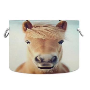 Imagem de JUZIHAI Cesta de armazenamento dobrável de cavalo fofo para bebê, cesto de roupa suja, cobertor com alças de corda de algodão, caixa de brinquedos dobrável, organizador de armário para quarto
