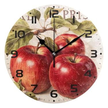Imagem de JUZIHAI Relógio de parede maçãs, silencioso, sem tique-taque, relógios de parede redondos operados por bateria, fácil de ler, relógio decorativo de parede para casa, cozinha, sala de estar, quarto
