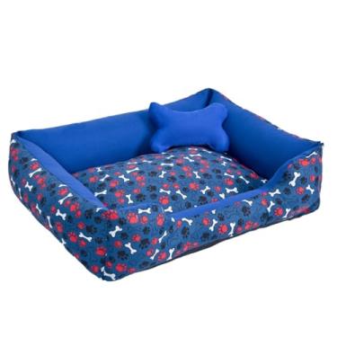 Imagem de Cama Pet para Cachorro e Gato Média | Confortável, Lavável e Impermeável | Zíper e Enchimento Removível(Ossinho Cinza/Azul)