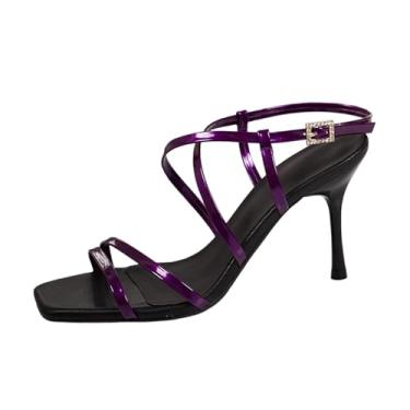 Imagem de Tênis feminino primavera verão moderno confortável casual versátil fivela decorada patentes com salto alto fino, Roxa, 35