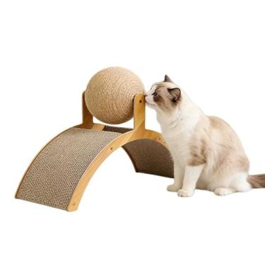 Imagem de Wanhaoshangmao Roda-gigante arranhador para gatos com bola de sisal, madeira natural e bege, papelão ondulado, poste autônomo para arranhões de 2 níveis, brinquedo resistente ao desgaste para gatos