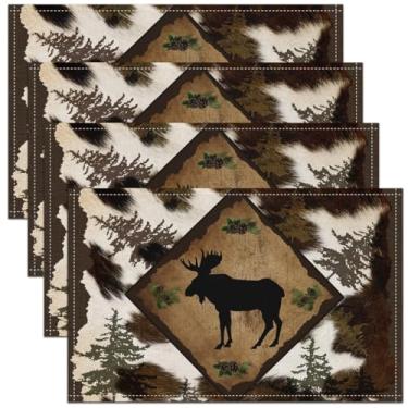 Imagem de Jogo americano de cabana de alce com estampa de couro de vaca selvagem para crianças, adolescentes, adultos, árvores selvagens, pinhas e pinhas, tapetes rústicos de cozinha para mesa de jantar, 30 x