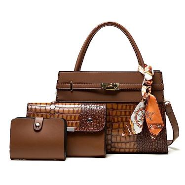 Imagem de Bolsa feminina elegante de couro com estampa de crocodilo com 3 peças, moda feminina, alça superior, bolsa transversal, Marrom
