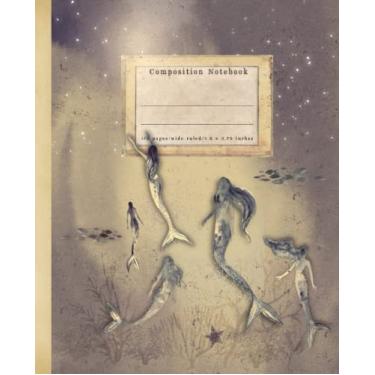 Imagem de Caderno de composição pautado largo, ilustrações vintage de sereias: caprichoso, escuro, mundo subaquático, tema do oceano