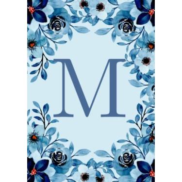 Imagem de Caderno com inicial letra M, azul, monograma personalizado, flores, presentes botânicos para mulheres, grande, 17 x 25 cm, 120 páginas pautadas, diário para mulheres e meninas escreverem em anotações