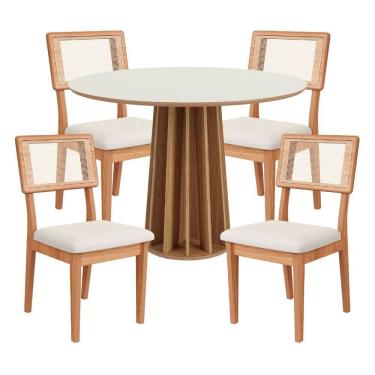 Imagem de Kit Mesa de Jantar Redonda Base Ripado com 4 Cadeiras Estofada Encosto Tela Césare Dalla Costa
