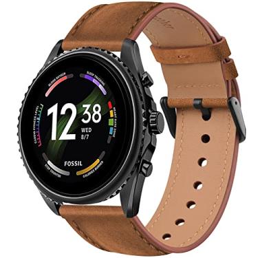 Imagem de Pulseira de couro para relógio inteligente Fossil Gen 6/5E 44 mm/Gen 5 Carlyle/Garrett/Julianna feminino, pulseira de substituição de couro macio ajustável de 22 mm para mulheres e homens (marrom)
