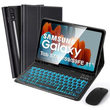 Imagem de SOPPY Capa com teclado retroiluminado com mouse para Samsung Galaxy Tab S7/S8/S9/S9FE 11 polegadas, capa magnética com teclado destacável retroiluminado em 7 cores com slot para caneta para tablet