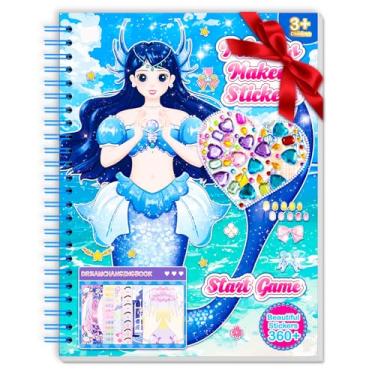 Imagem de pigipigi Conjunto de livros de atividades de adesivos de artesanato: adesivos de princesa e sereia para meninas, páginas de livros de colorir, maquiagem infantil, faça você mesmo, presente de