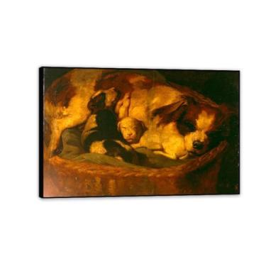 Imagem de Gravuras de Lawrence Alma Tadema com moldura preta, mãe cachorro e seus dois filhotes, reprodução de pintura a óleo, impressão giclée em tela, arte de parede pronta para pendurar para decoração de