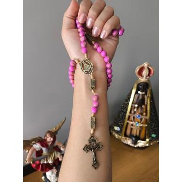 Imagem de Terço de Nossa Senhora Aparecida com os Mistérios do Rosário - Rosa com imagem nas contas