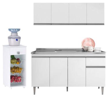 Imagem de Balcão de Pia Tatiane 145 cm e Armário Aéreo Andréia 4 Portas 150 cm com Fruteira Monalise Branco Brilho – ajl
