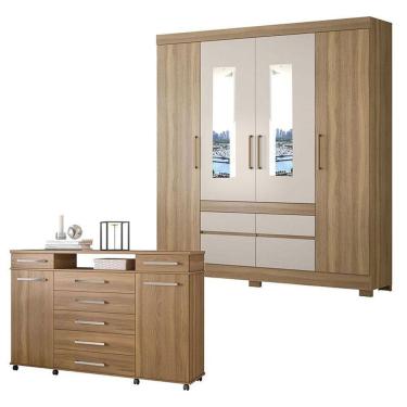 Imagem de Cômoda London E Guarda Roupa Casal Bilbao Amêndola Off White Com Espelho - Demóbile