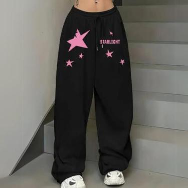 Imagem de Calça Moletom Wide Leg Feminina Estampada Streetwear Barra Reta - Mara