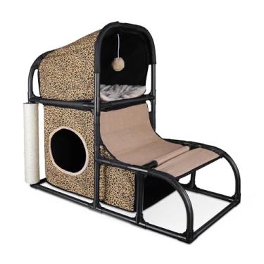 Imagem de Goetland PVC moderno condomínio gato casa gato árvore médio gato torre cama arranhador poste escalador buraco bola pendurado para gatinho dentro de casa gato leopardo