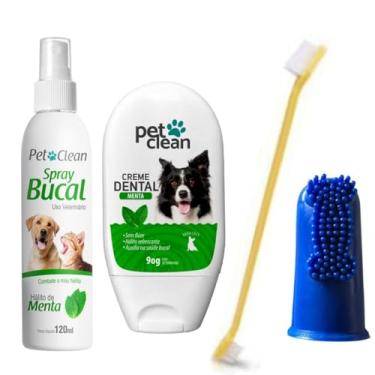Imagem de kIT Creme Dental Menta e Spray Menta Pet Clean Acompanha Dedeira Flexível e Escova Dupla cores sortidas para Cachorros