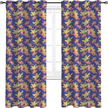 Imagem de Cortinas blecaute tropicais para quarto - Cortinas escurecidas com isolamento térmico com ilhós para sala de estar, 2 painéis por grupo, L 226 x C 236 cm violeta azul mostarda e coral