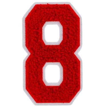 Imagem de 1 peça de patch de número de chenille vermelho de 10 cm, remendos de ferro para chapéus, roupas, bolsas, mochilas, jeans, par com remendos iniciais, letra grande universitária. (Vermelho 8)