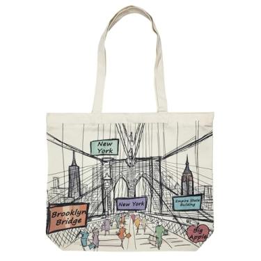 Imagem de Beary Blu Coleção de sacolas de arte com tema de cidade - Projetada nos EUA, 43 cm x 35 cm, estampa dupla face, lembrança e presente, Ponte do Brooklyn, Large