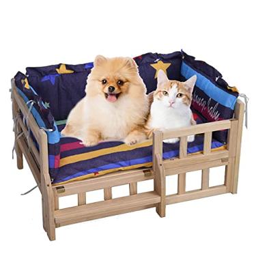 Imagem de Cama de madeira para cães, cama elevada para animais de estimação, com cerca e escada, sofá-cama com cama para cães pequenos, gatos e gatos