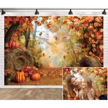 Imagem de Leowefowa Pano de fundo de vinil de 3 x 2,4 m, outono, dia de Ação de Graças, outono, floresta, folhas de bordo, palheiro, flores de abóbora, palheiro, cenário para fotografia, casamento, festa de