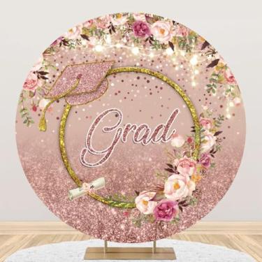Imagem de Yeele 2,2 x 2,2 m Congratulate Grad Round Backdrop Rose Gold Glitter Pink Floral Parabéns Grads Fundo de fotografia para decoração de festa de formatura de menina retrato foto adereço