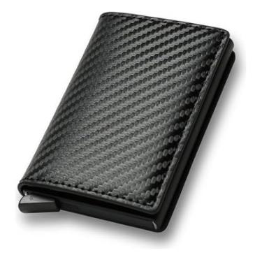 Imagem de Carteira Slim RFID Antifurto em Couro, Porta Cartões Pop Up Automático, Preta, 10 x 6,5 cm