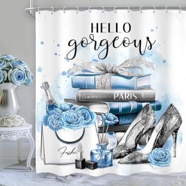 Imagem de Cinbloo Cortina de chuveiro feminina azul 72 x 72 A prata moderna cinza azul-petróleo flor perfume salto alto revista livros floral elegante conjunto de cortinas de banheiro mulheres meninas banheiro