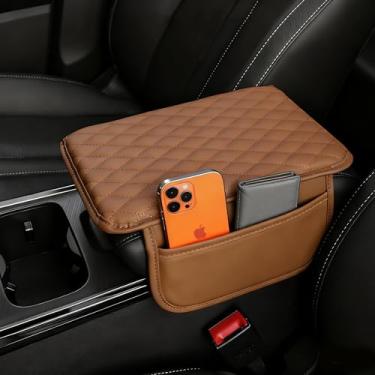 Imagem de Myston Enseada de console central de carro, almofada de couro para apoio de braço, 2 bolsas de armazenamento, almofada de caixa de assento de apoio de braço, protetor de acessórios internos de carro