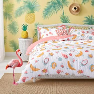 Imagem de Simple&Opulence Capa de edredom 100% algodão orgânico para crianças e adolescentes, capa de edredom macia de 3 peças com fecho de zíper, jogo de cama Kawaii para meninas com estampa de frutas coloridas, solteiro