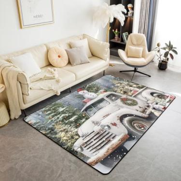Imagem de Tapete vintage para caminhão de Natal, 9,5 x 1,5 m, coelho kawaii, boneco de neve, floco de neve, tapete antiderrapante para crianças e adultos, presentes de Natal, pinheiros, branco, tapete