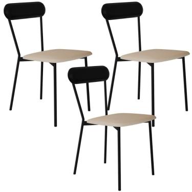Imagem de Kit 03 Cadeiras Estofada Para Sala De Jantar Liora Preto C01 Linho Areia Courino Preto - Lyam Decor