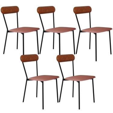 Imagem de Kit 05 Cadeiras Estofada Para Sala De Jantar Liora Preto C01 Linho Rosê Courino Caramelo - Lyam Decor