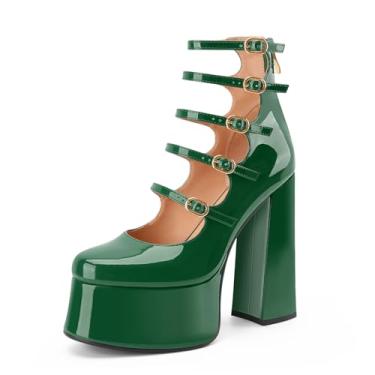 Imagem de Perisis Botas femininas plataforma Mary Janes salto alto bloco grosso cano curto bico fechado botas botas gótico lolita sapatos, Verde, 37