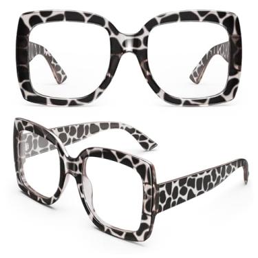 Imagem de GQUEEN Óculos postiços grandes femininos masculinos retrô grosso armação quadrada grande lente transparente proteção UV400 óculos modernos, Leopardo, G