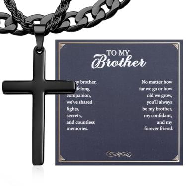 Imagem de TEN MIRO Colar de cruz prata/preta para homens, meninos, colar com pingente de cruz de aço inoxidável para homens, joias religiosas cristãs com caixa e cartão, aniversário, Natal, Dia dos Pais