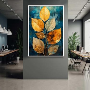 Imagem de Quadro com Moldura Abstrato Planta Folhas Dourada Azul Verde Decorativo Grande Sala Quarto Hall
