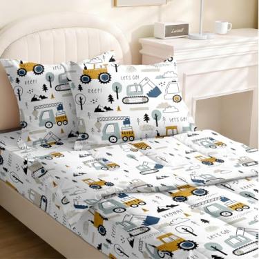 Imagem de Yadangxiawa Jogo de edredom infantil, solteiro com zíper, estampa de construção, trator de caminhão, lençol com elástico e fronhas para todas as estações (construção)