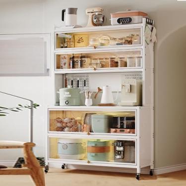 Imagem de Armazenamento montado na parede, suporte de micro-ondas de 6 camadas e armários de cozinha - Rack versátil com portas, painel traseiro DIY para organização criativa e soluções de economia de espaço