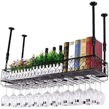 Imagem de Rack de vinho vintage estilo europeu com suporte de vidro e prateleira, armazenamento de teto de ferro preto para restaurantes, exibição e decoração de vinho de 100 x 25 cm