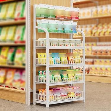 Imagem de Prateleiras de exibição de varejo para lanche doce/batata frita, prateleira de armazenamento de arame de farmácia de supermercado, prateleiras comerciais altas com gancho (cor: 4 camadas branco