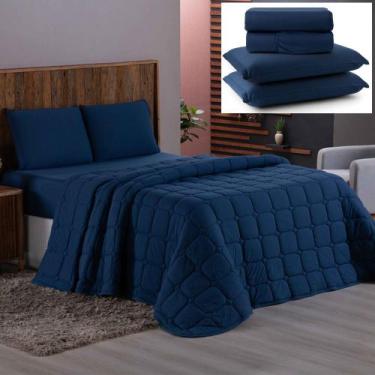 Imagem de Coordenado Cobre Leito e Lençol Queen Sereno em Malha 7 Peças - Marinh