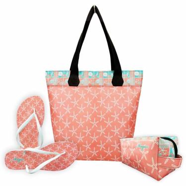 Imagem de Kit Praia Feminino Estrela-do-Mar Salmão com Bolsa, Necessaire e Chinelo, Magicc