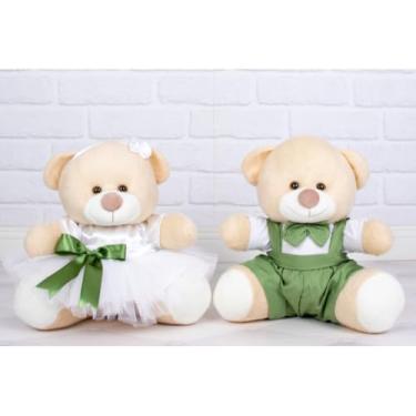 Imagem de PELUCIA URSO CASAL TEDDE 15 CM PAJEM VERDE, DAMINHA BRANCA PARA DECORAÇÃO (Pajem Verde, Daminha Branca, detalhes Verde)