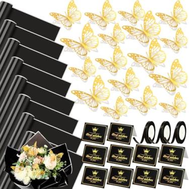 Imagem de Affrolling 97 kits de papel de embrulho de buquê de flores, inclui 48 folhas de papel de embrulho floral à prova d'água, 10 cartões, 36 borboletas douradas, 3 fitas, suprimentos de florista para