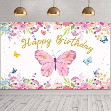 Imagem de Tatuo Pano de fundo borboleta feliz aniversário 1,8 x 1,2 m decoração de festa de aniversário de borboleta rosa para meninas mulheres primavera flores banner pano de fundo decoração de chá de bebê