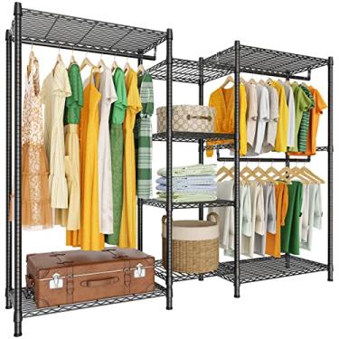 Imagem de LEHOM G6 Rack de roupas de arame resistente, tamanho compacto, armário de metal, independente, guarda-roupa, guarda-roupa, com 3 varões de cabide e 4 prateleiras grandes, 4 prateleiras pequenas, preto